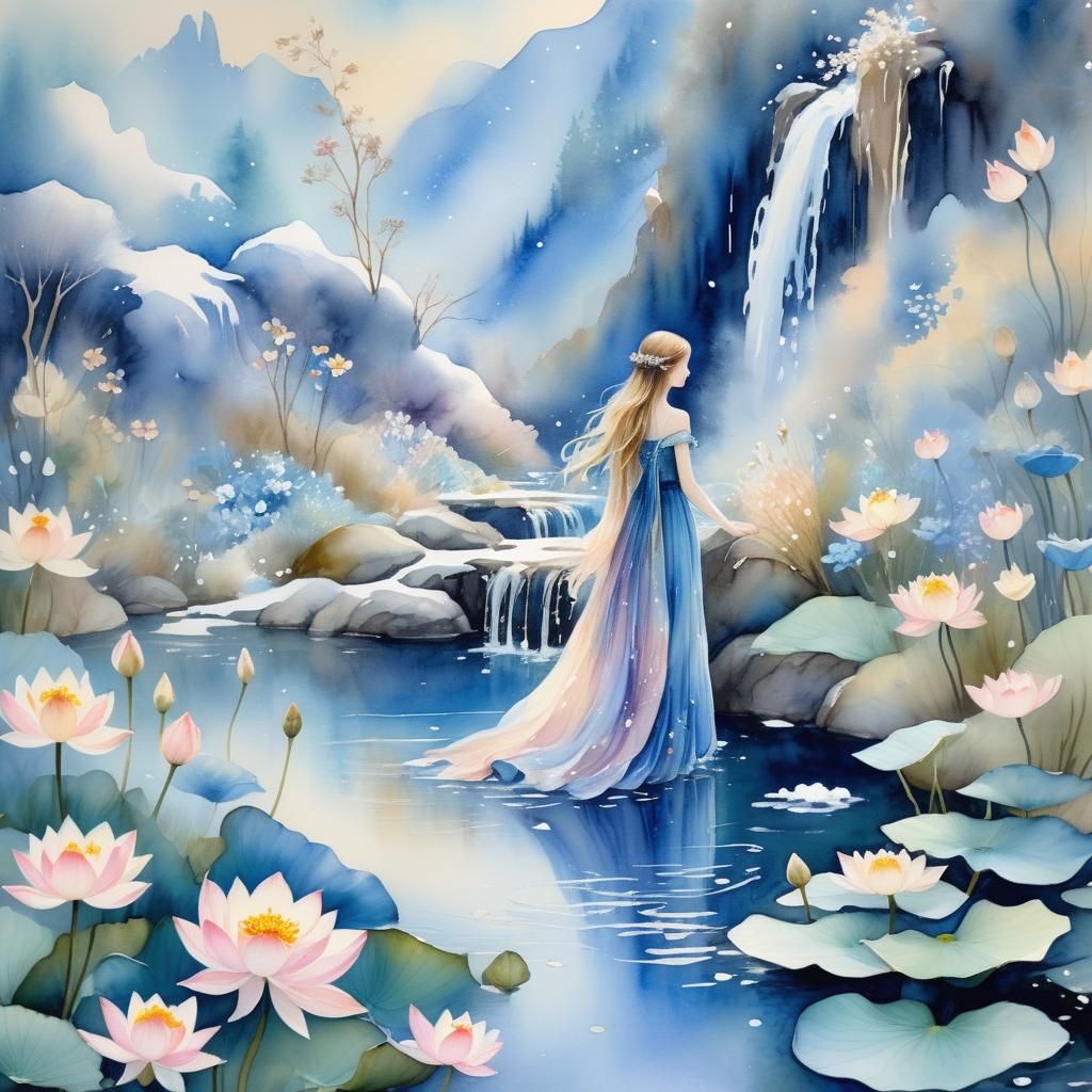 Fairy in Snowy Lotus Garden: Impressionistic Watercolour