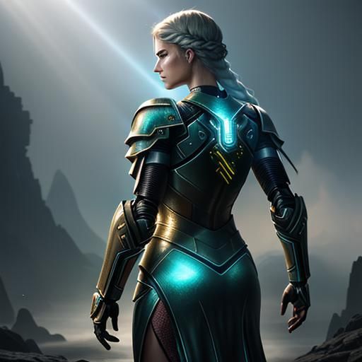 Sci-Fi Warrior in Power Armor with Cybernetic Arm