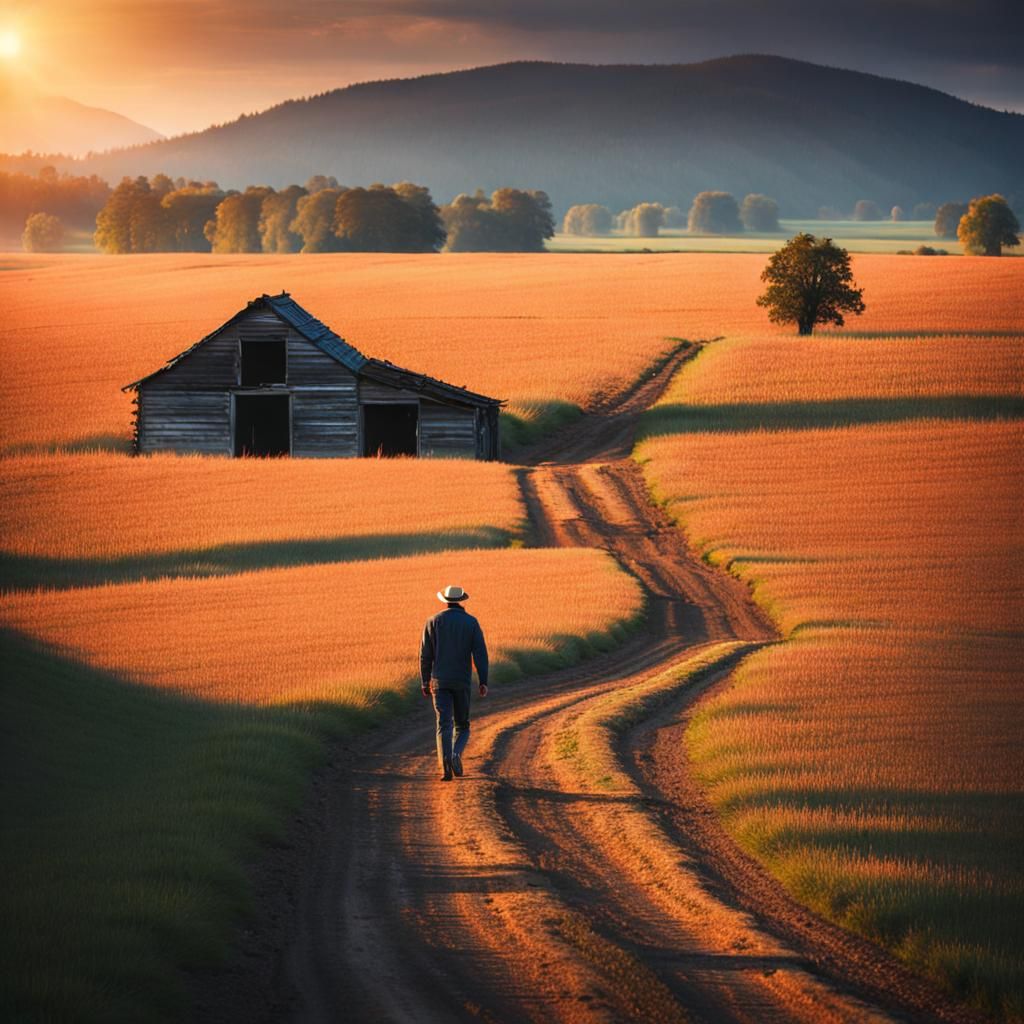 Lonely Man Walks to Farm at Sunset