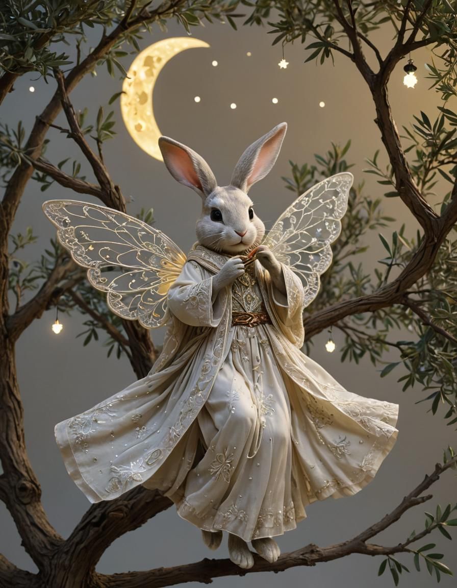 Rabbit Fairy in Olive Tree with Palestinian Embroidery