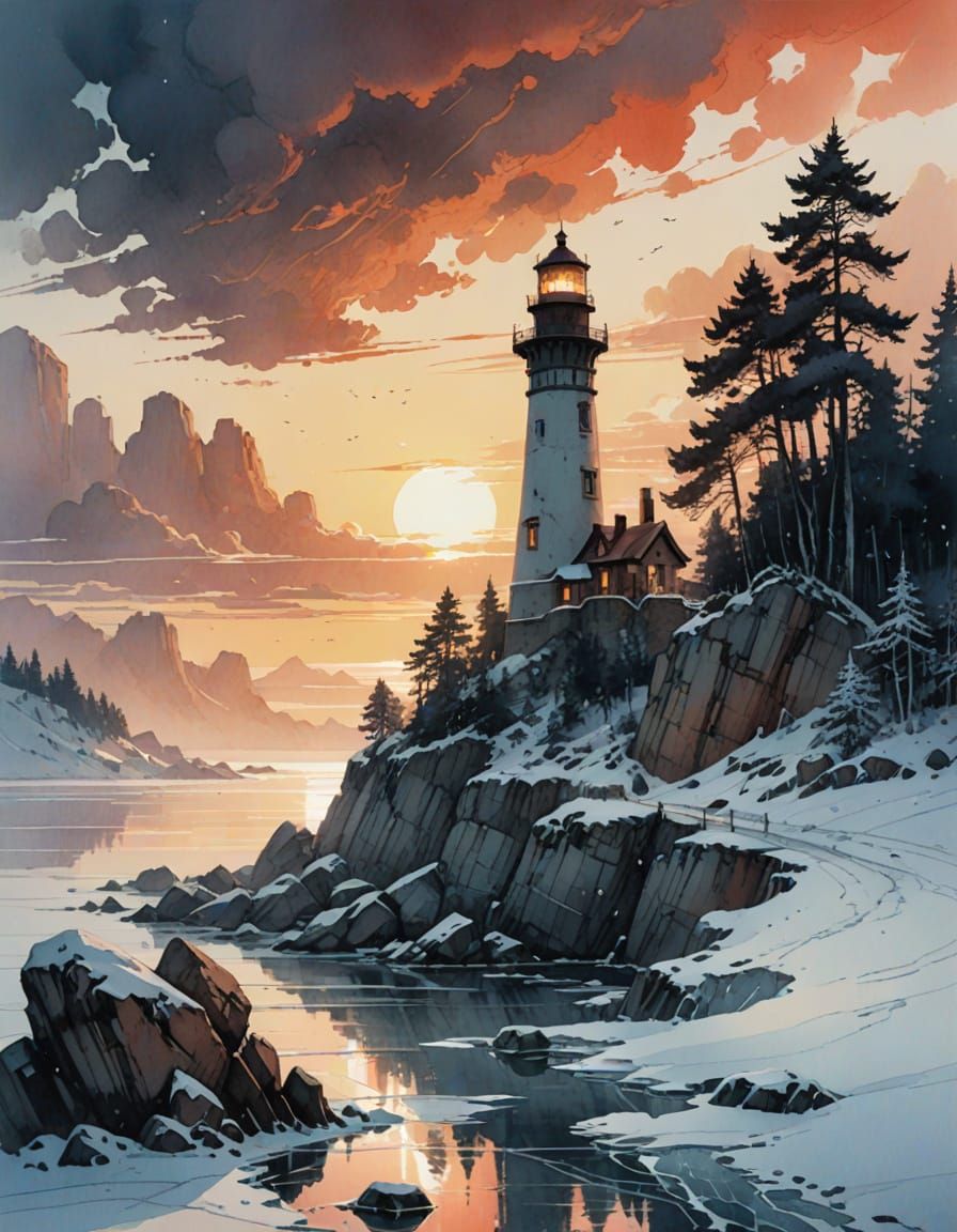 Sunset Lighthouse Digital Matte Painting on Chaotic Sea