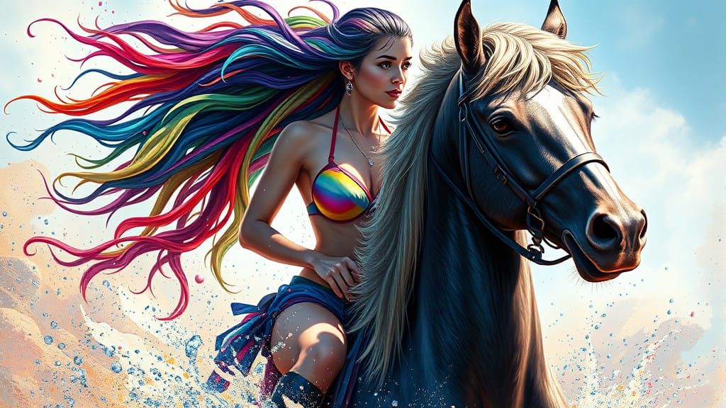 Vibrant Beach Goddess Rides a Majestic Steed in an Extravaga...