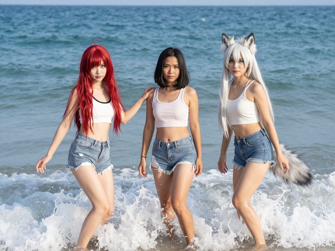 Women Enjoying Waves on a Sunny Beach