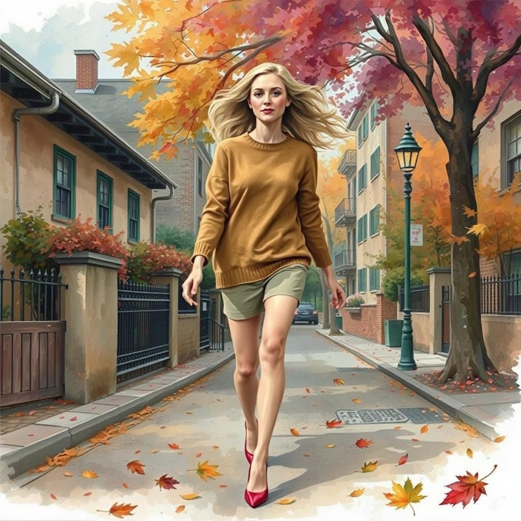 Watercolor Portrait of Woman in Autumn Neighborhood
