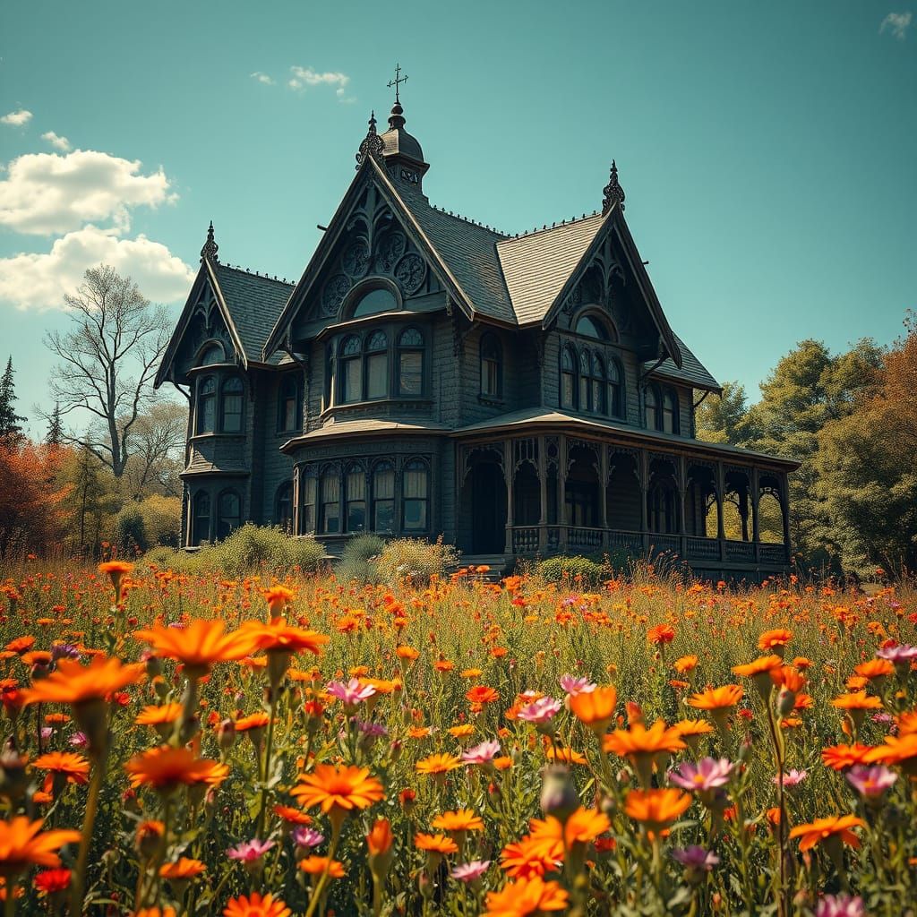 Victorian Manor Radiates Eerie Beauty in a Vibrant Field