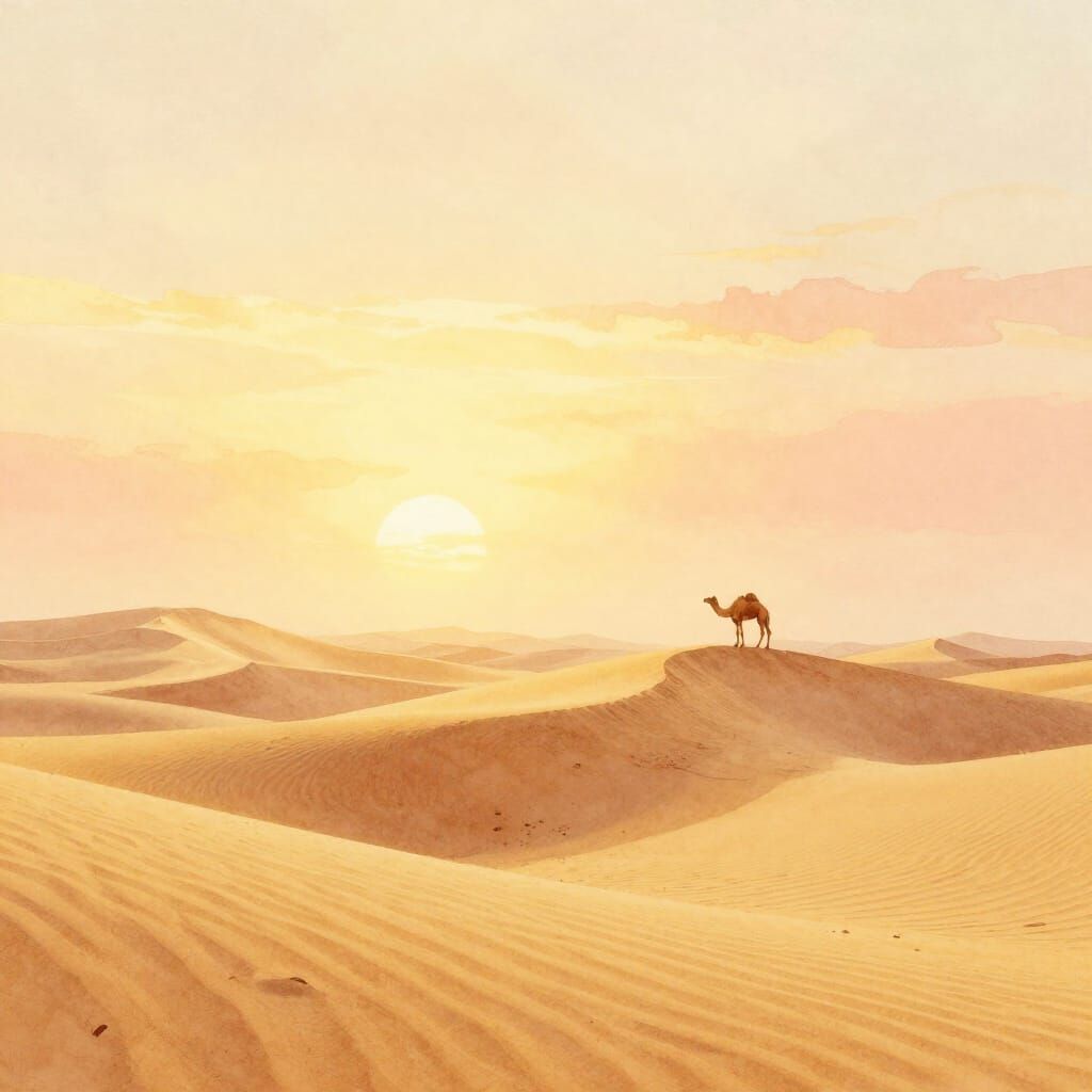 Ethereal Watercolor Sunrise Over Desert Dunes