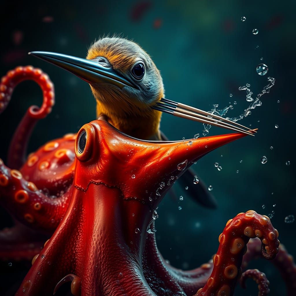 Bird's Beak Trapped in an Octopus in Hyperrealistic Art