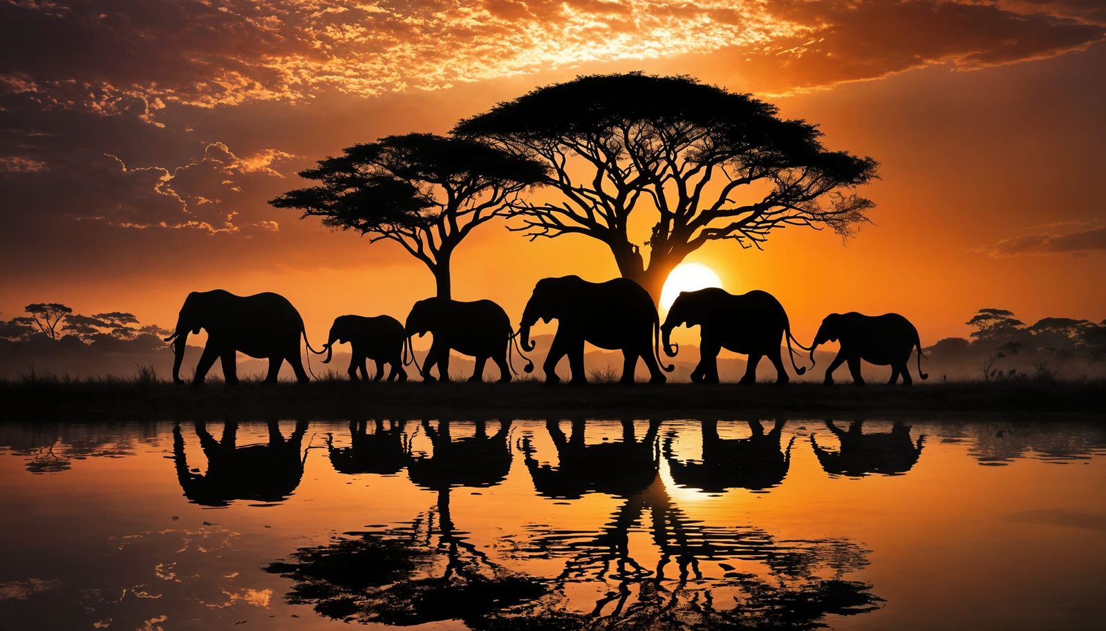 Moonlit Elephants Silhouetted at Sunset