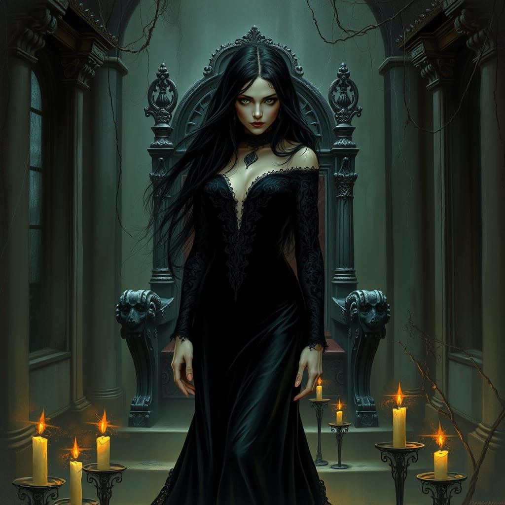 Gothic Queen in Decaying Throne Room, Dark Fantasy Art