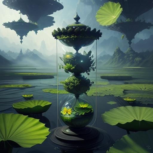 Surreal Black Lotus Landscape with Hourglass