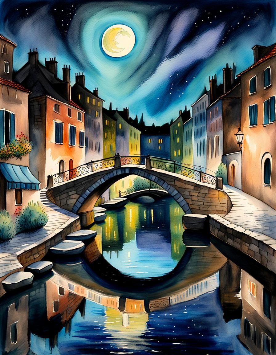 Stone Bridge Over Canal at Night: Impressionist Watercolor