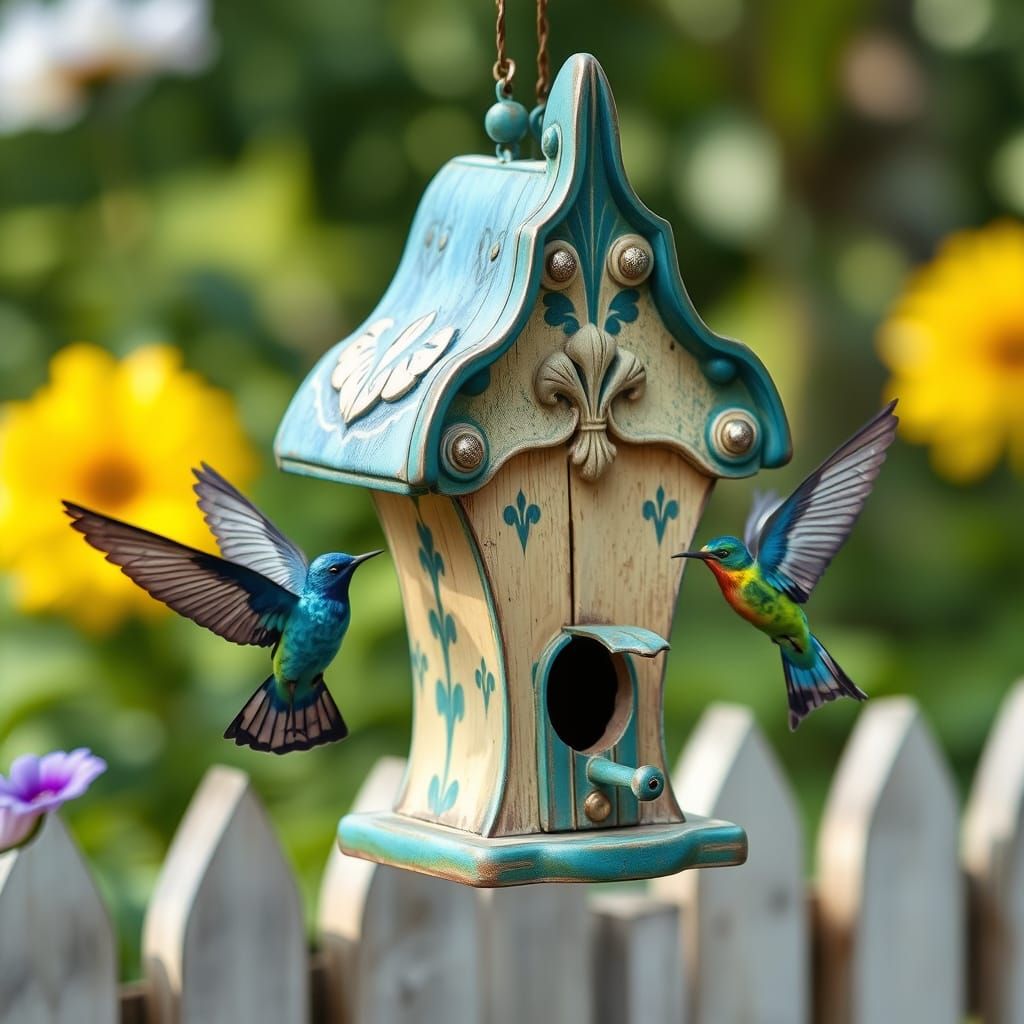 Fleur-de-Lis Birdhouse with Indigo Buntings