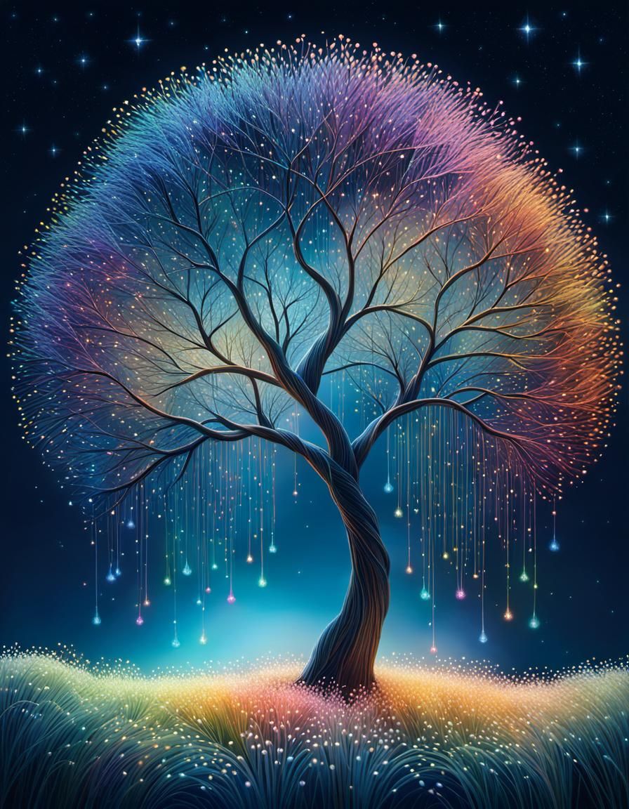 Colorful String Art Willow Tree in Takashi Murakami Style