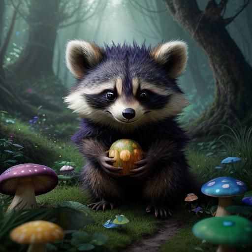 Anthropomorphic Raccoon Cub with Glowing Mushroom