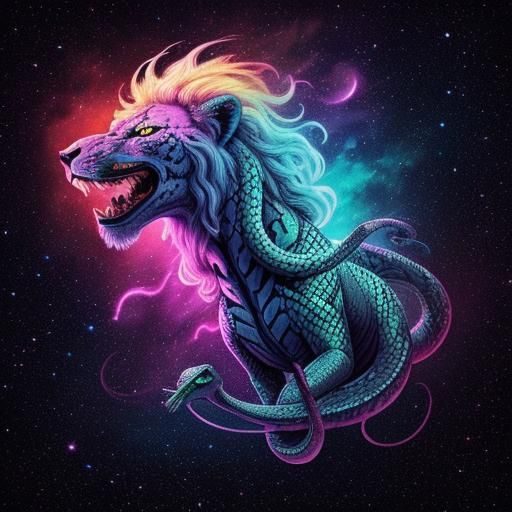 Lion-Headed Snake Slithering Through Nebula in Synthwave Sty...