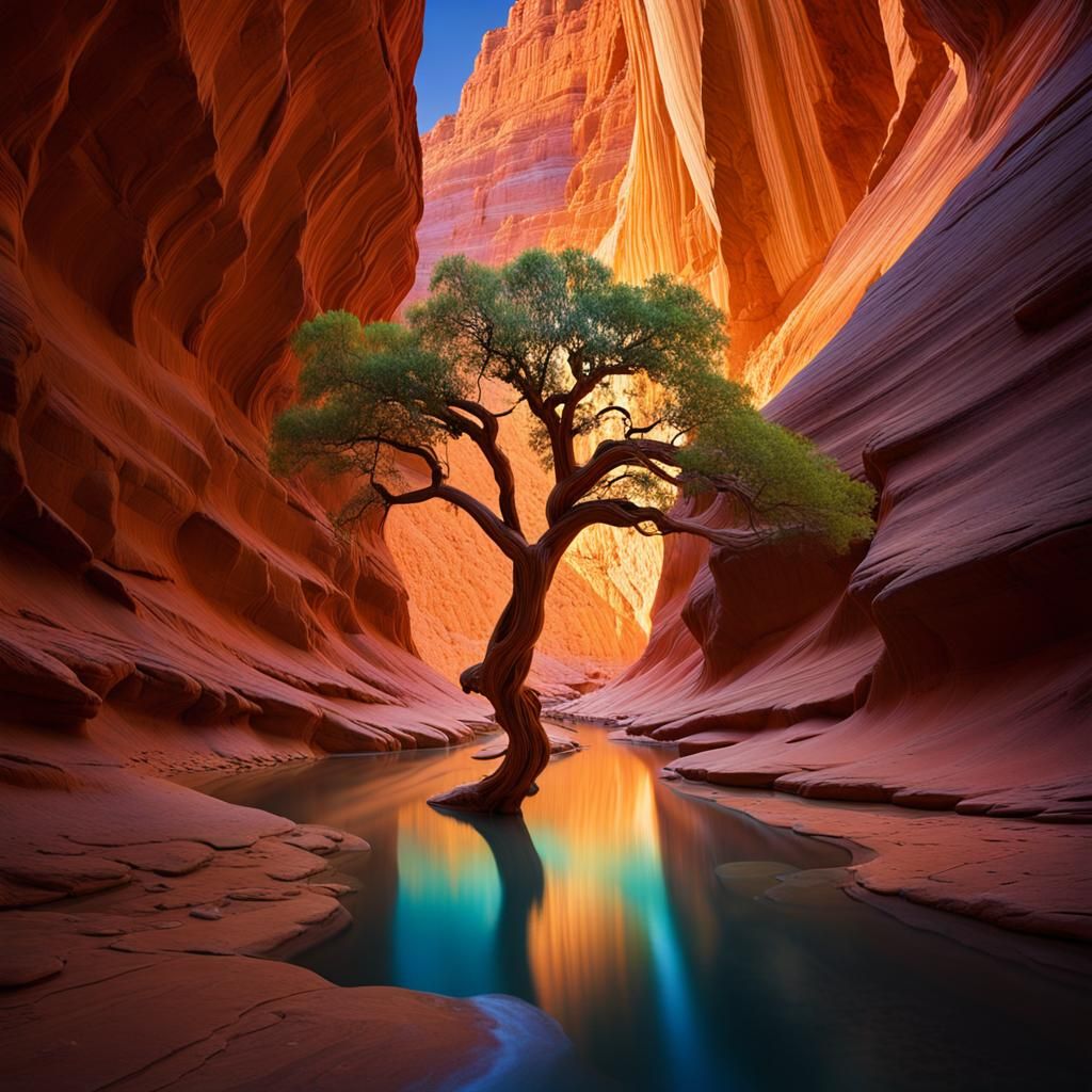 Lone Tree in Canyon Reflection, Capitol Reef