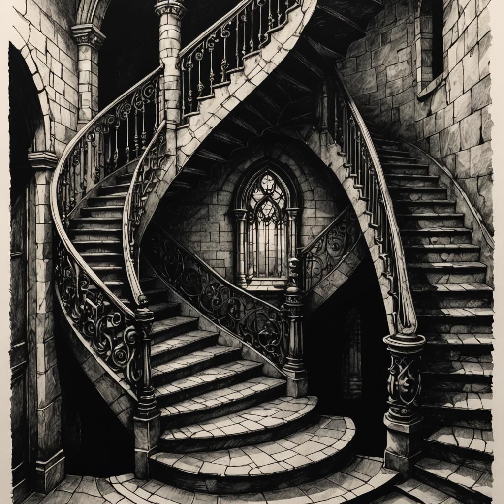 Neo-Gothic Staircase in Tower: Ink Drawing