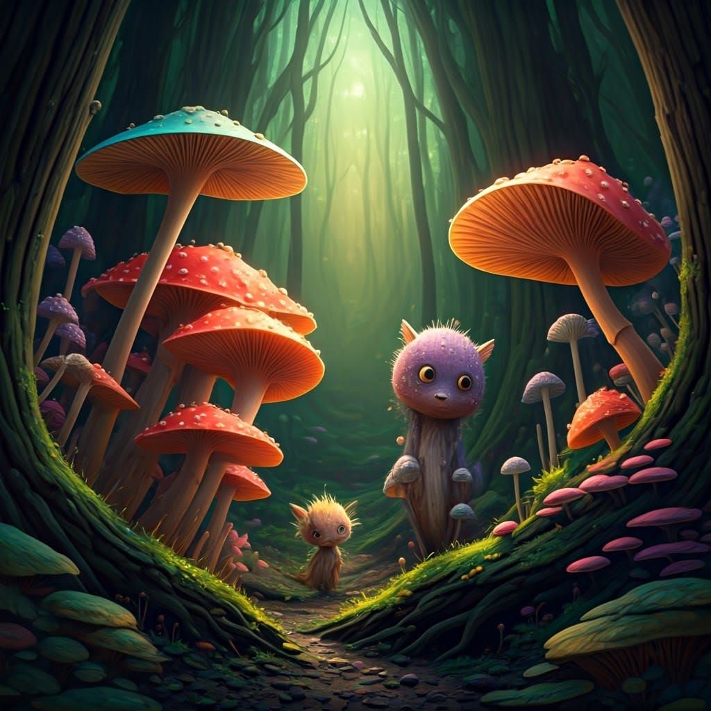 Whimsical Forest Creatures Amidst Surrealist Fungi
