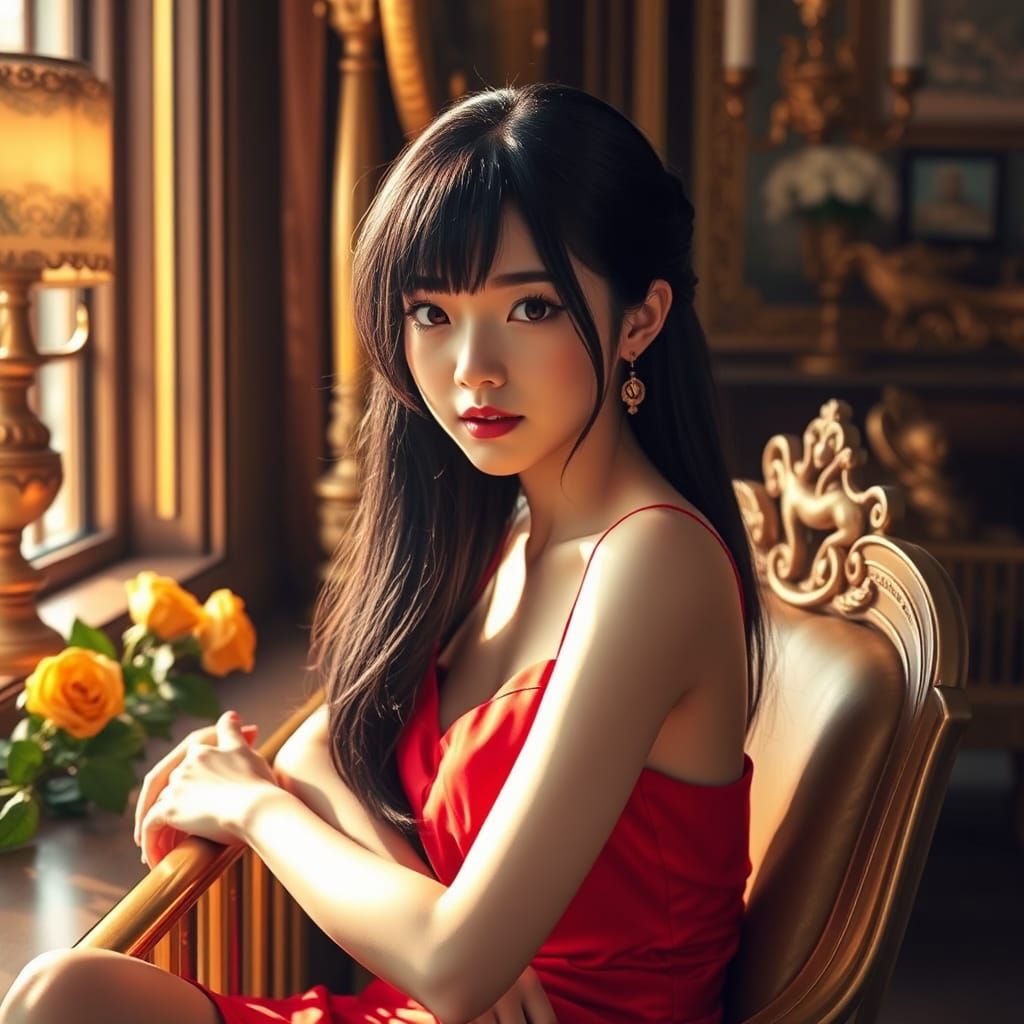 Japanese Girl in Red Dress on Gold Bars