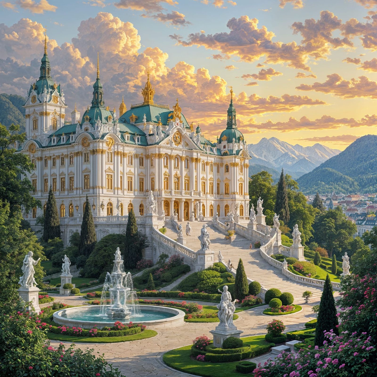 Grand Fantasy Palace Amidst Lush Gardens and Vistas