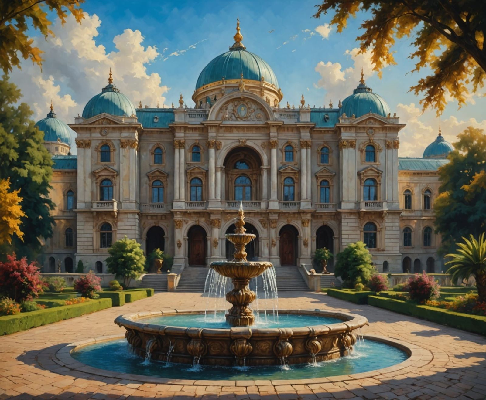 Oil Painting of Water Fountain at Palace