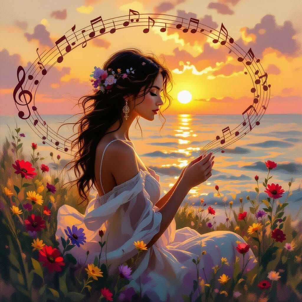 Ethereal Muse of Music and Art at Sunset