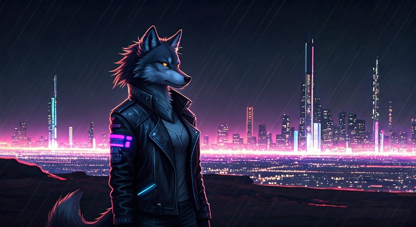 Cyberpunk Wolf Woman Overlooking Metropolis
