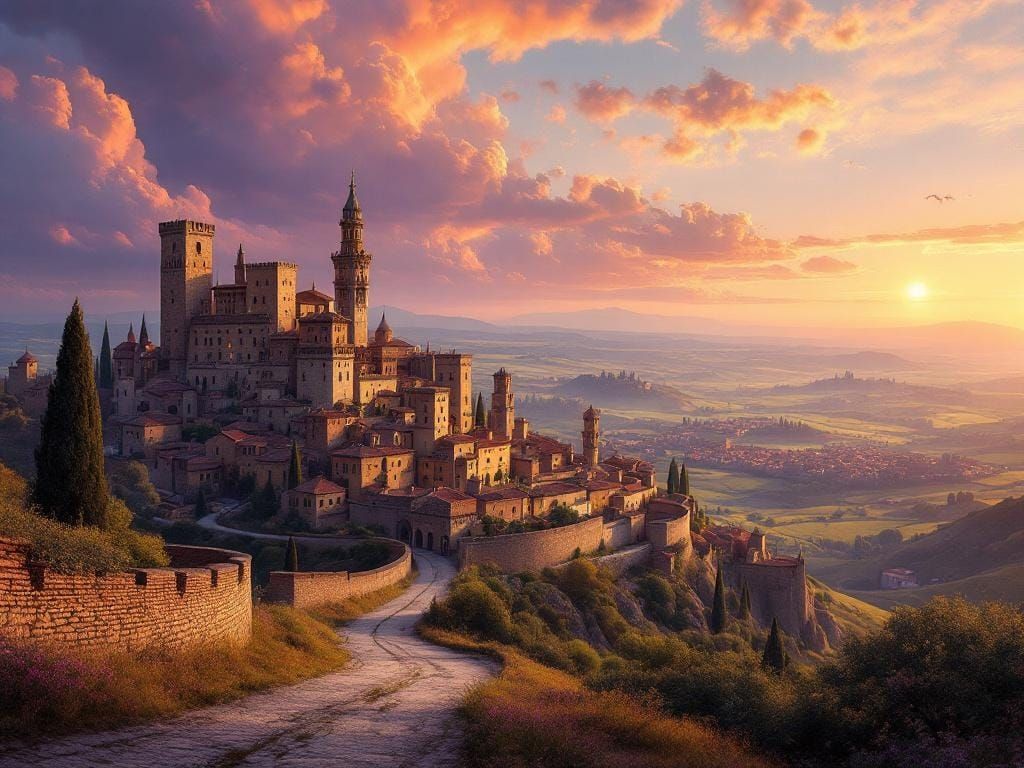 Medieval Tuscan City in Golden Light