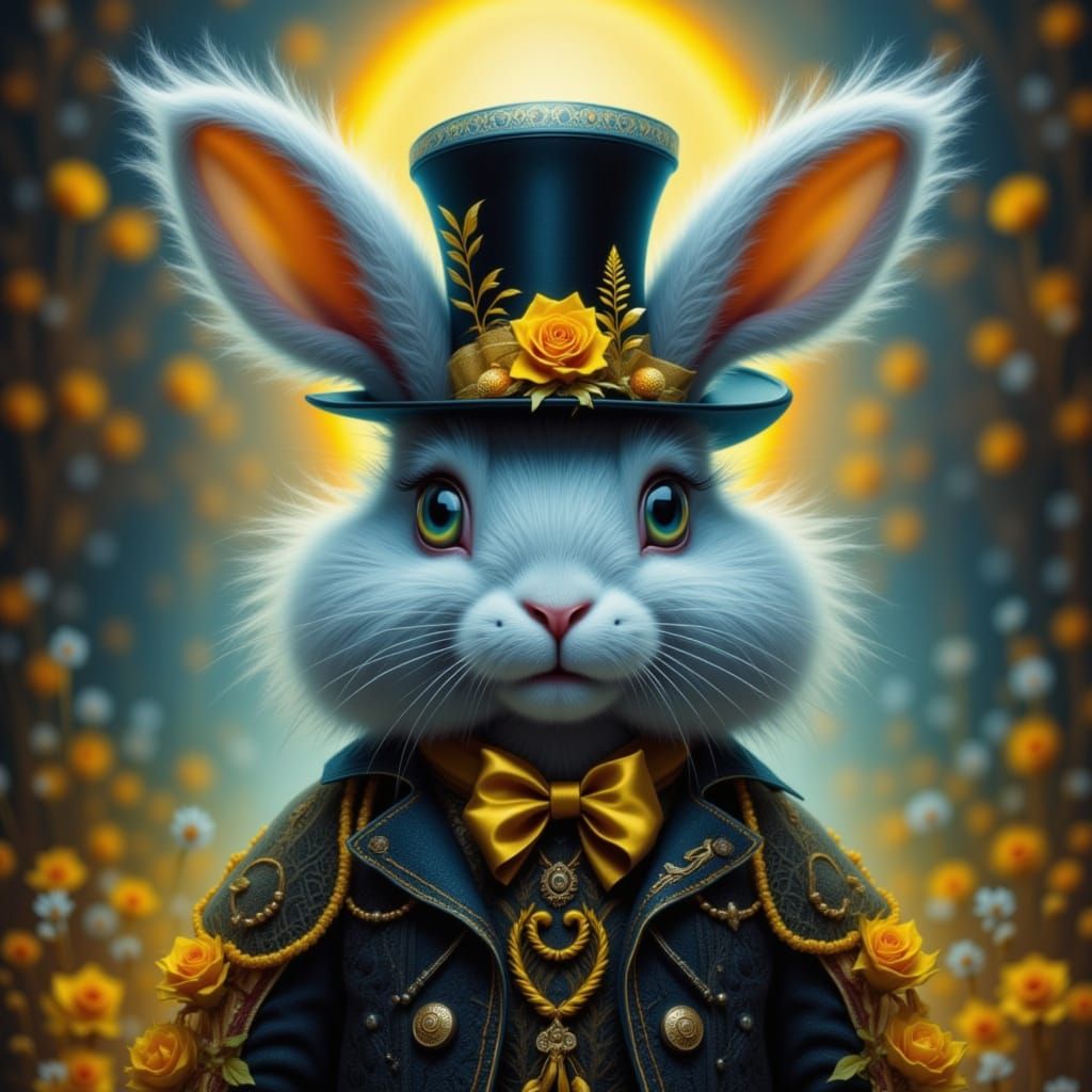 Surreal Rabbit in Magical Top Hat with Sapphire Velvet