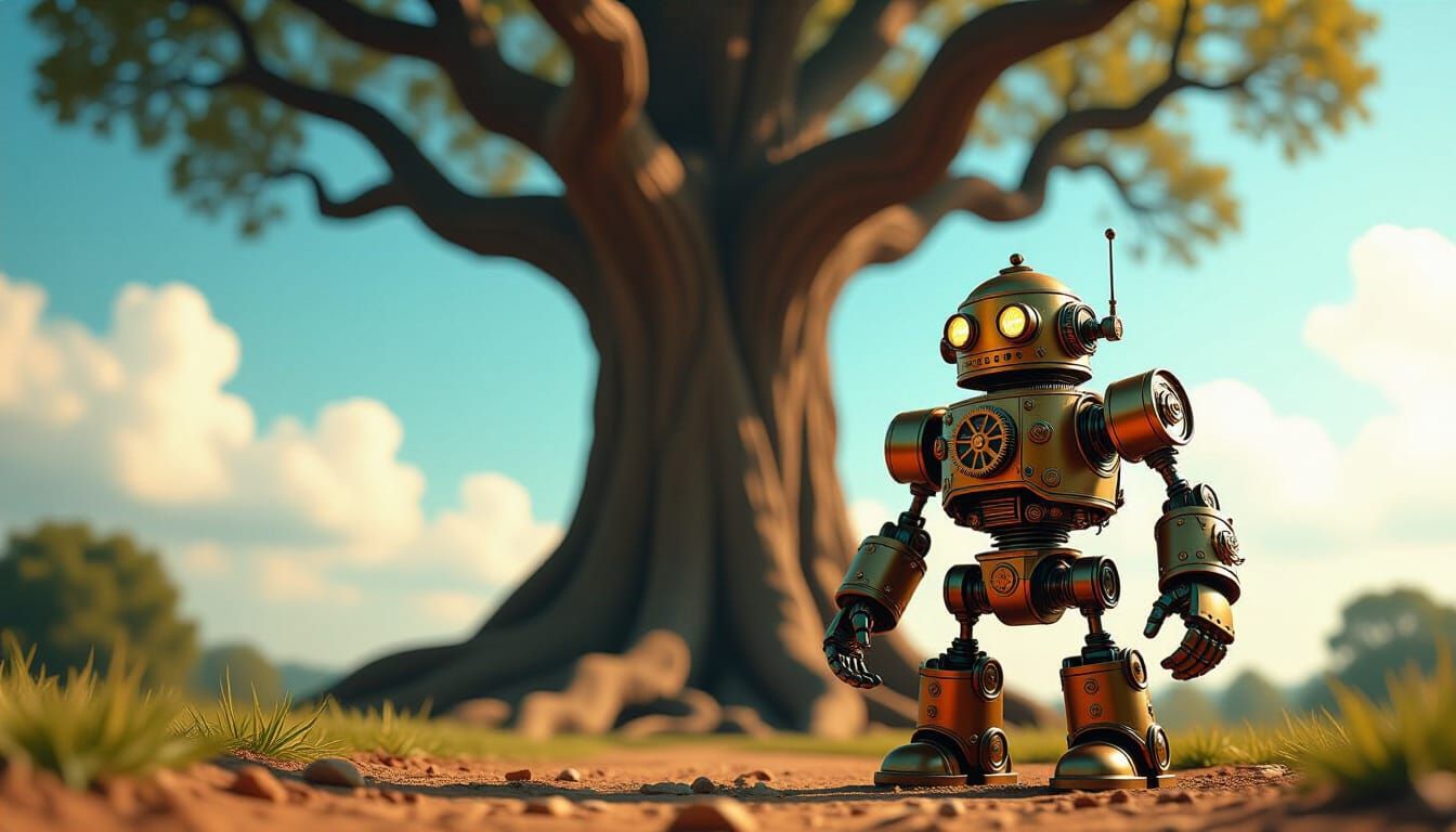 Steampunk Robot vs Ancient Tree: Matte Painting Style