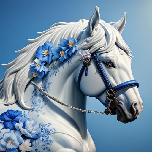 Porcelain Horse Statue with Delft-Blue Floral Design