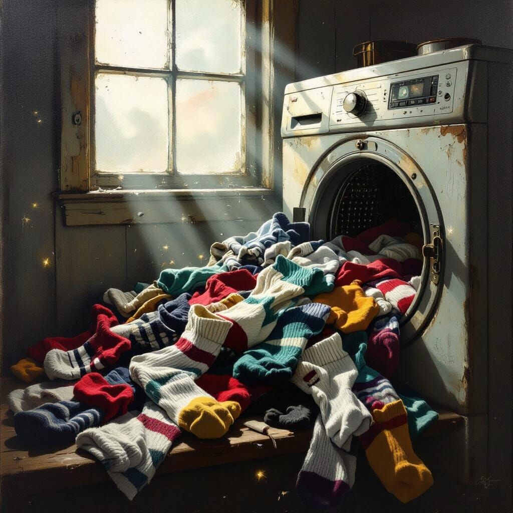 Lost Socks in Steampunk Dryer: Surreal Oil Painting
