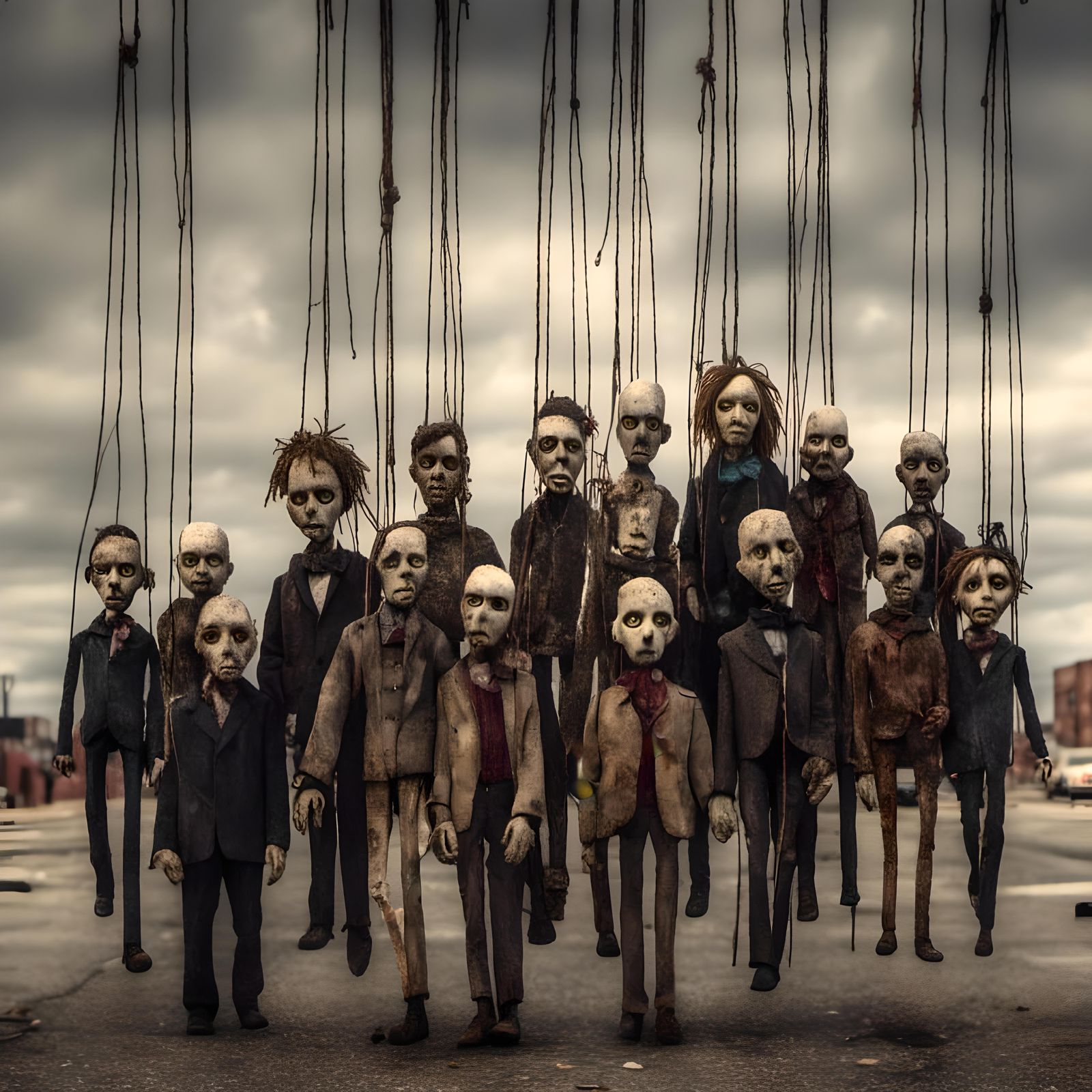 Post-Apocalyptic Marionette Crowd in Desolate City
