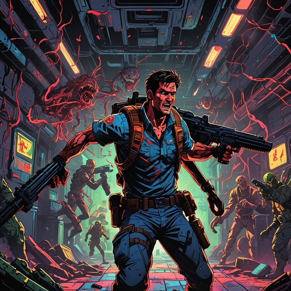 Anime Ash Williams Battles Aliens in Space