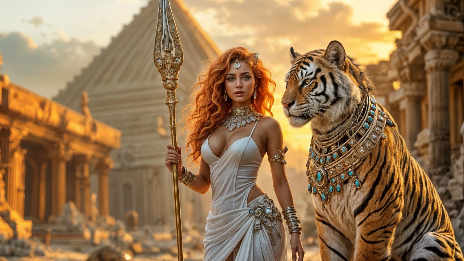 Retro Futuristic Space Cop Goddess with Tiger Guardian