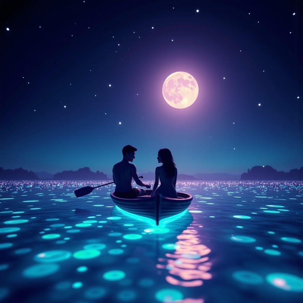 Moonlit Couple on Bioluminescent Ocean in Dreamy Style