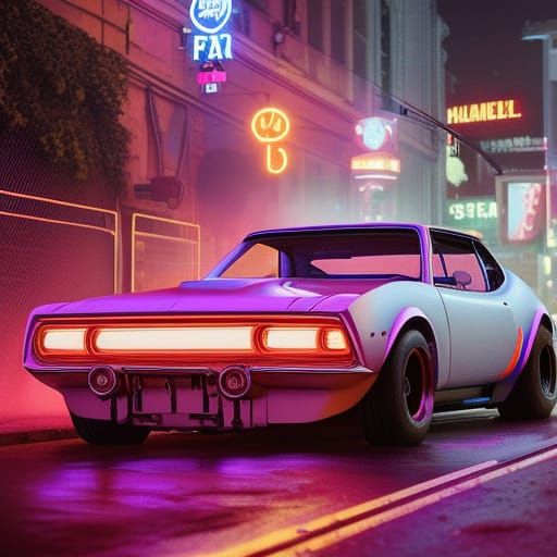 Neon Hotrod on Wet City Street at Night