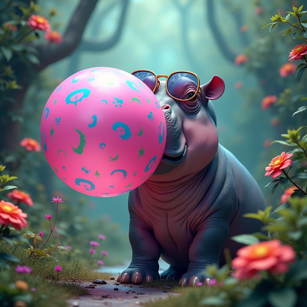 Whimsical Hippo Blowing Bubble, Digital Art