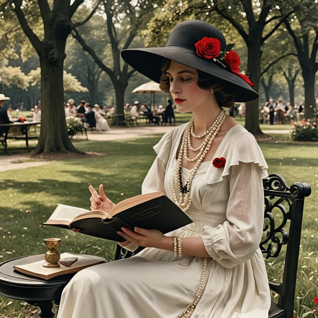 Aristocratic Woman Reading in 1920s Park
