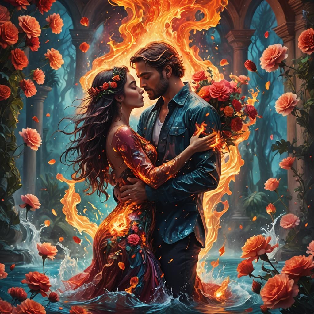 Water Woman and Fire Man Kiss in Enchanted Forest