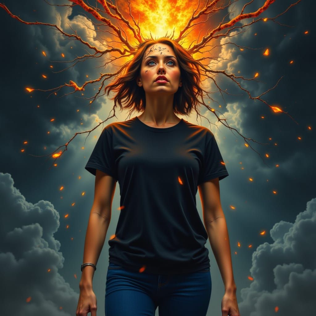 Woman's Head Cracked Open With Lava, Dramatic Digital Painti...