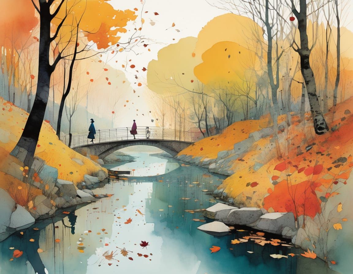 Autumn Landscape River in Vibrant Pastel Hues