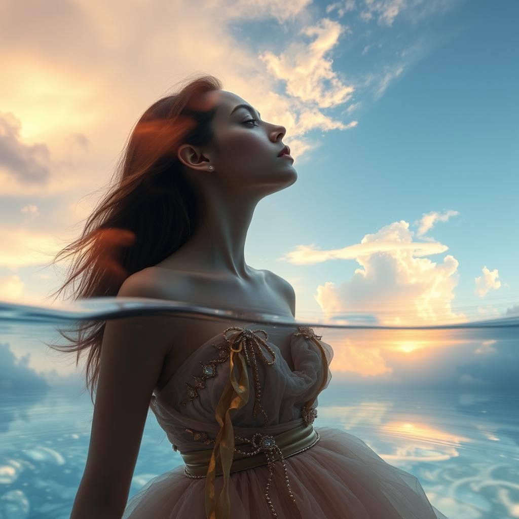 Ethereal Woman in Haute Couture Double Exposure