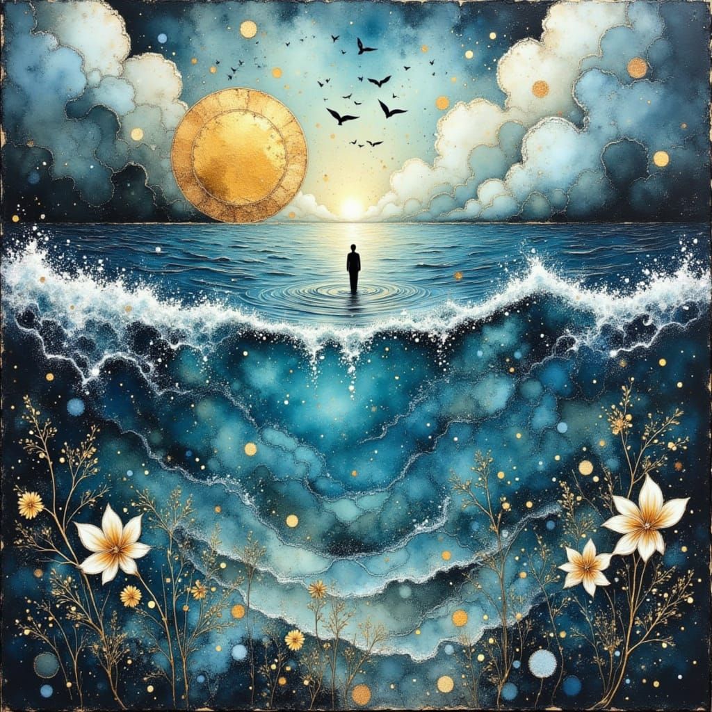 Serene Ocean Depths with Ancient Gold Accents