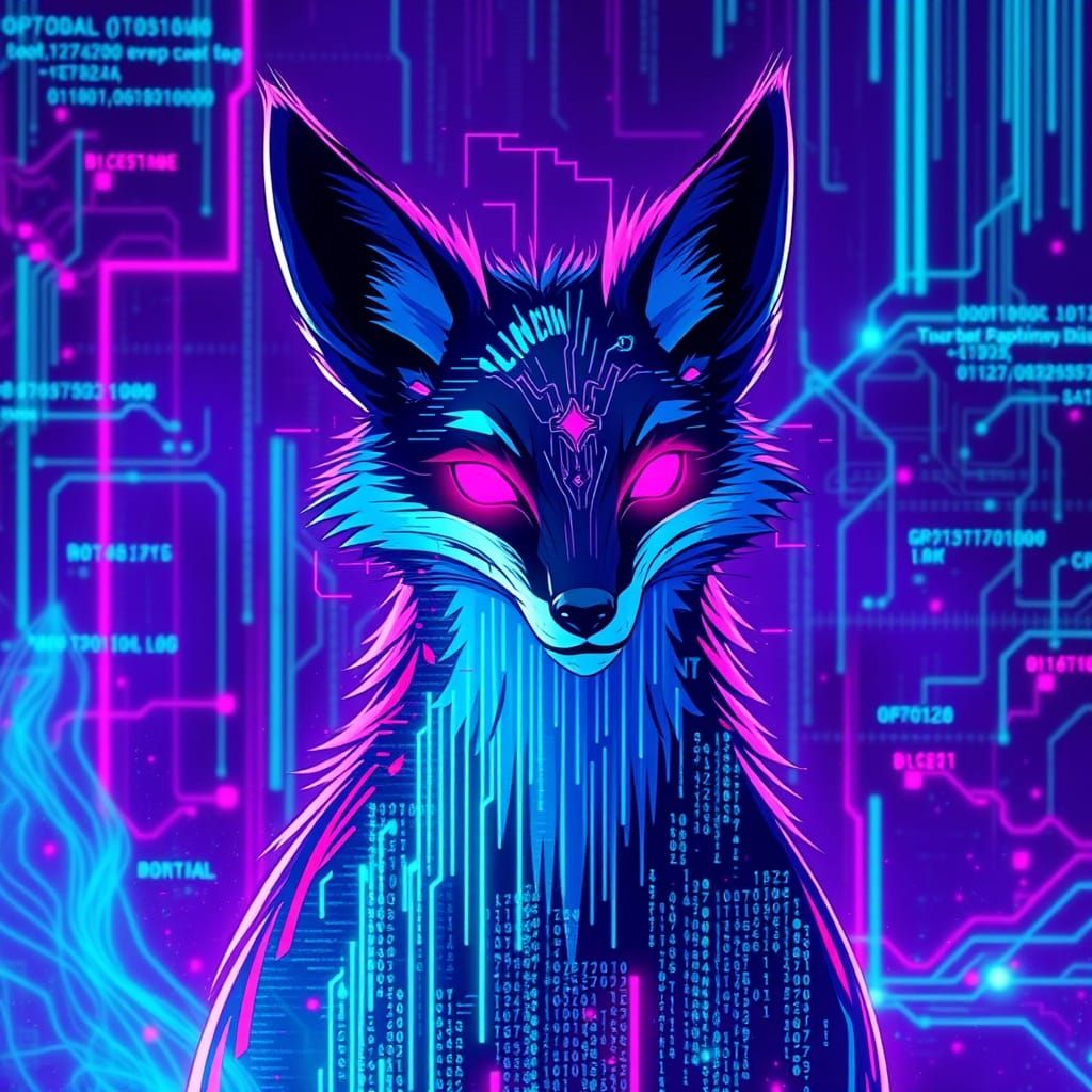 Glitch Art Fox with Electric Blue and Neon Circuits