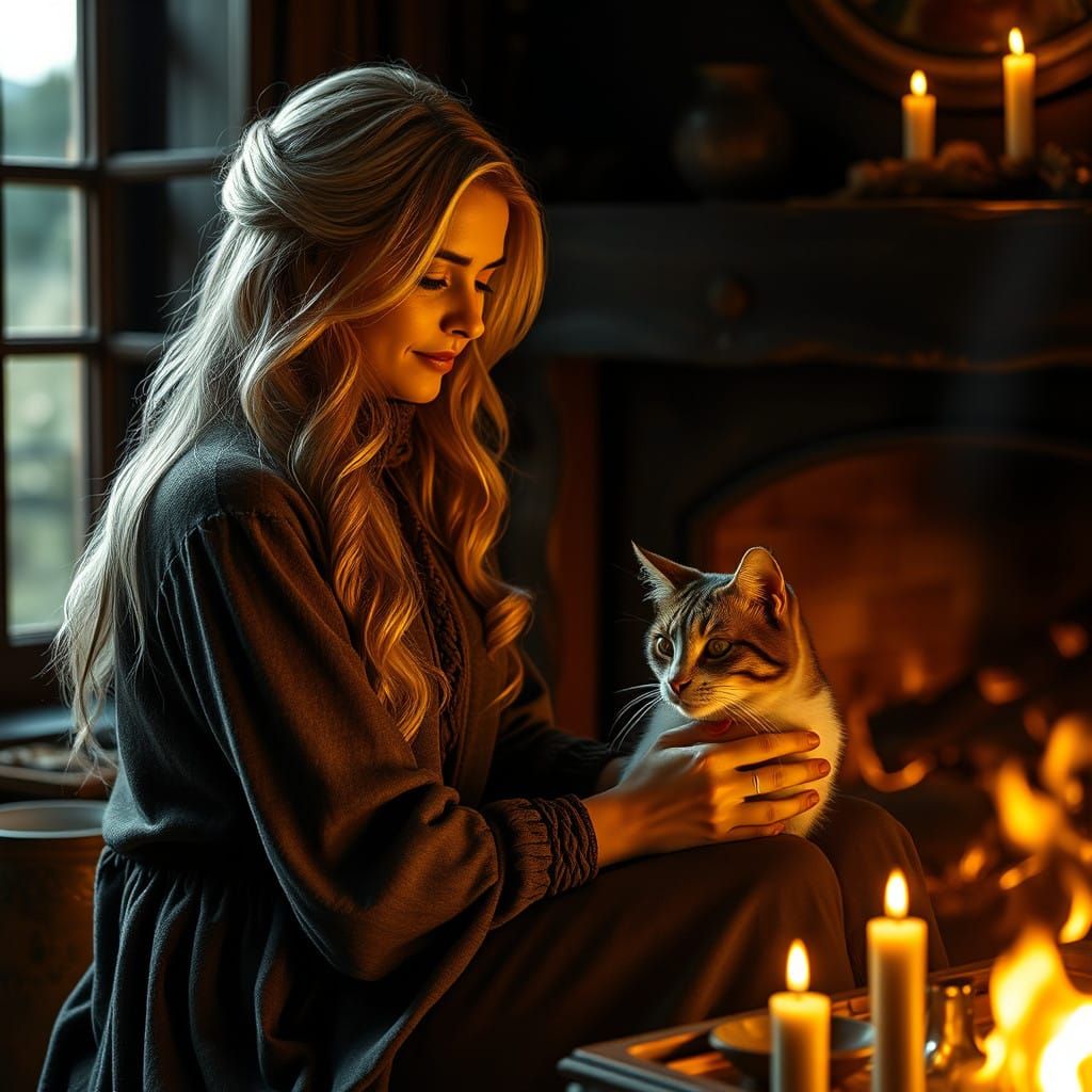 Woman by the Golden Fireplace with Feline Companion