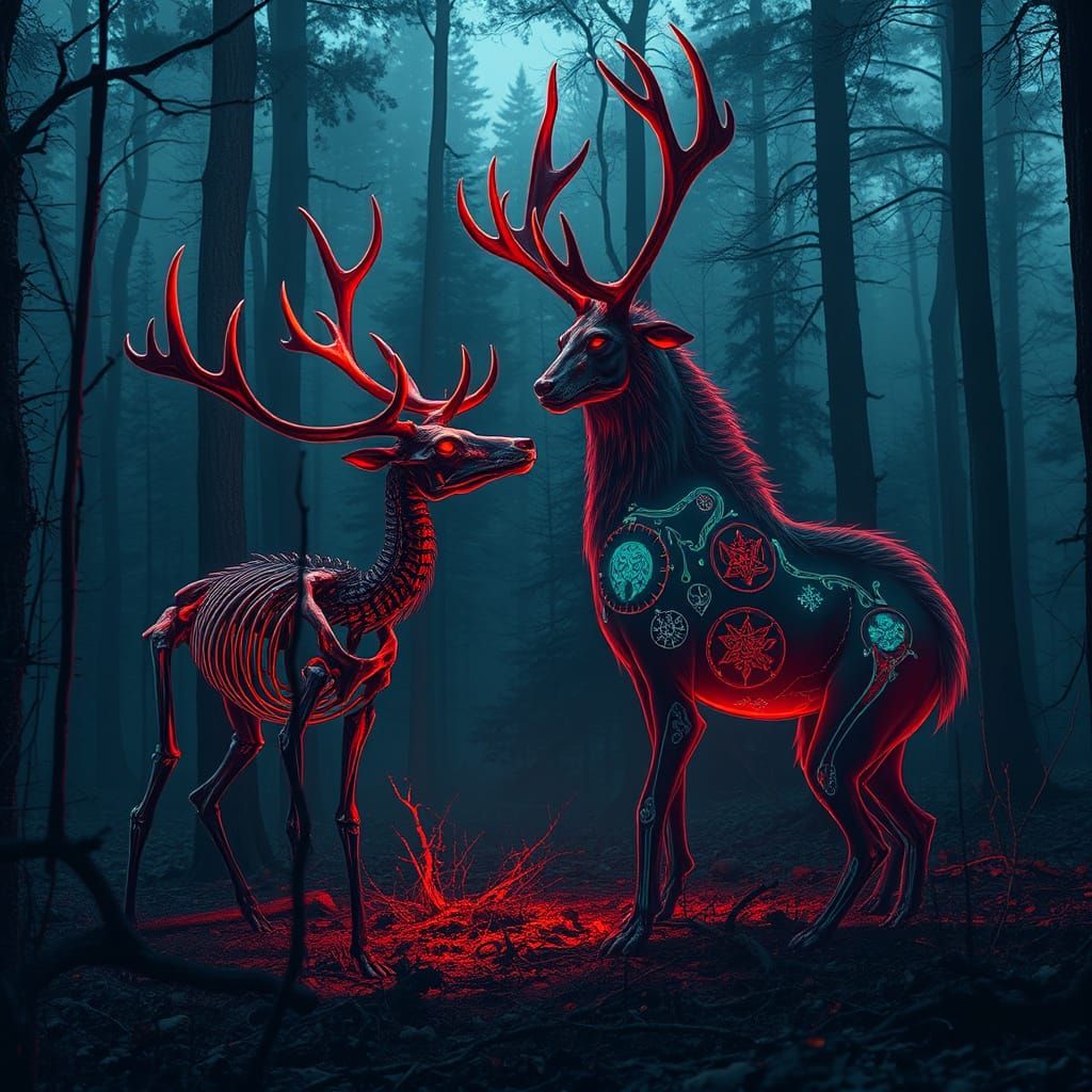 Surreal Bioluminescent Creature in Decaying Forest