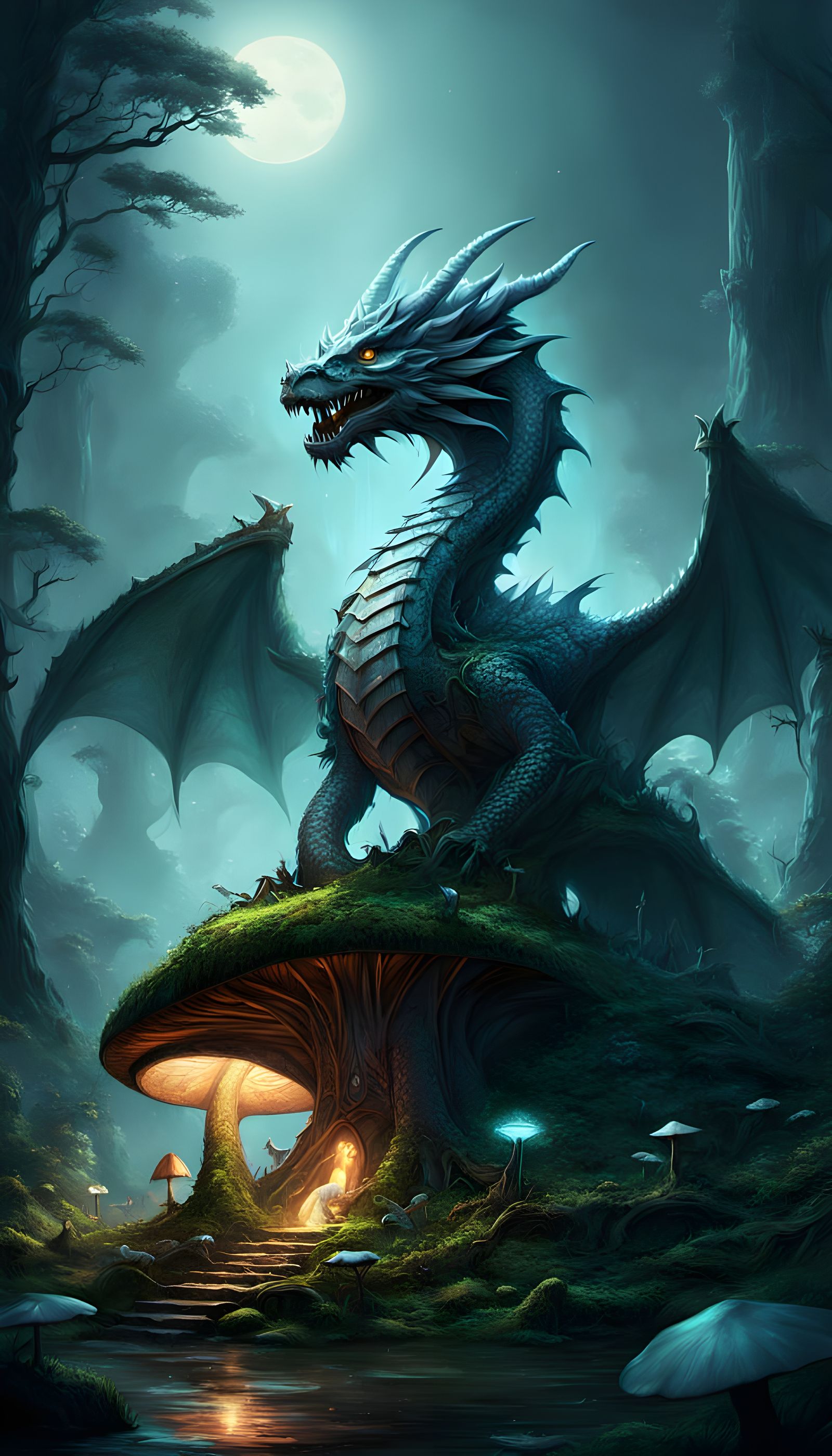 Dragon Perched On Giant Mushroom In Mystical Forest
