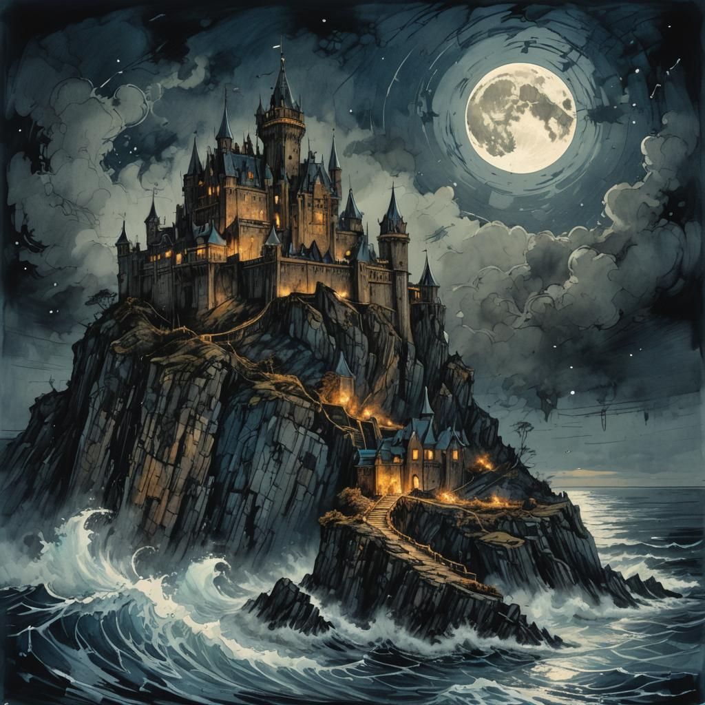 Dark Fantasy Castle Seascape in Dramatic Style