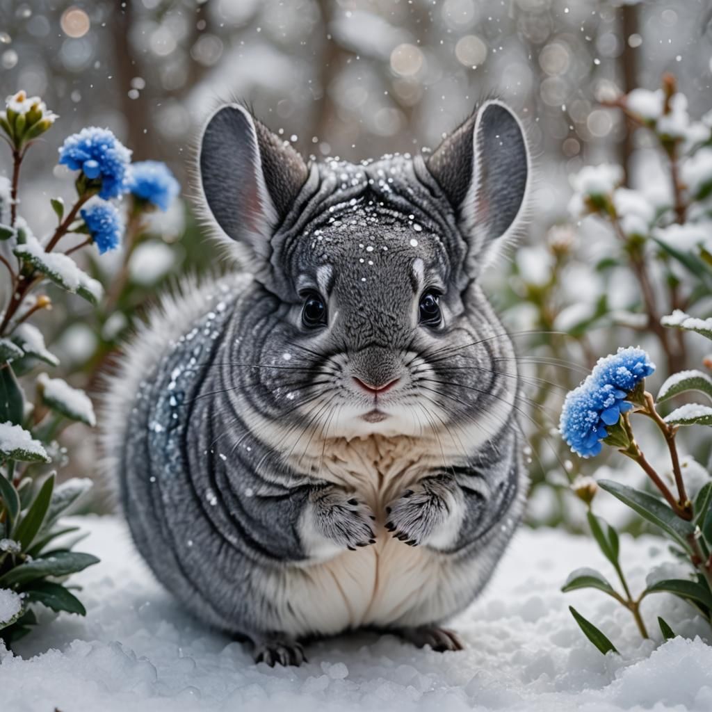 Cute Chinchilla with Blue Flower in Winter Garden